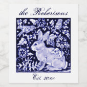Elegant Delft Navy Blue Bunny Rabbit Birds Custom Weinetikett (Einzelnes Label)