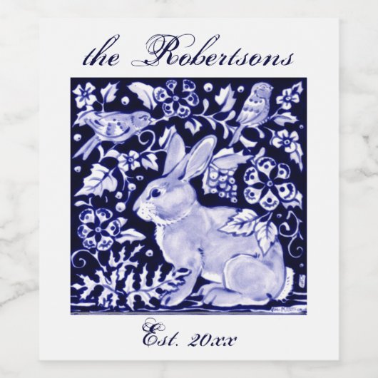 Elegant Delft Navy Blue Bunny Rabbit Birds Custom Weinetikett (Einzelnes Label)