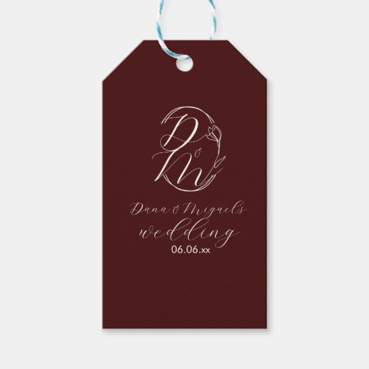 Elegant Delicate Floral Wedding Logo Deep Burgundy Geschenkanhänger (Vorderseite)