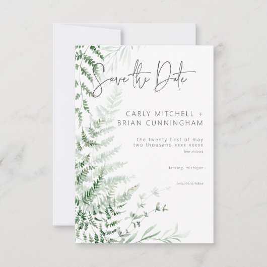 Elegant Delicate Greenerity Ferns Wedding Save The Date (Vorderseite)