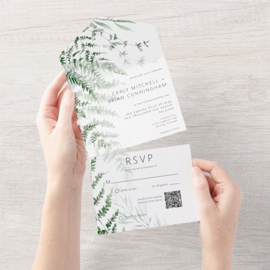 Elegant Delicate Greenery Ferns QR Code All In One Einladung (Abreißen)