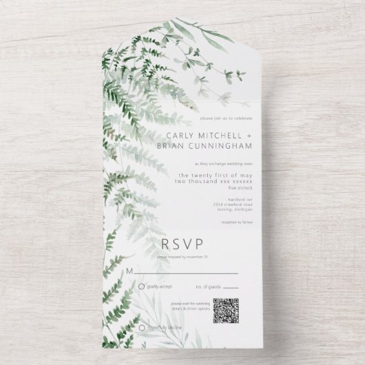Elegant Delicate Greenery Ferns QR Code All In One Einladung (Innen Boden)