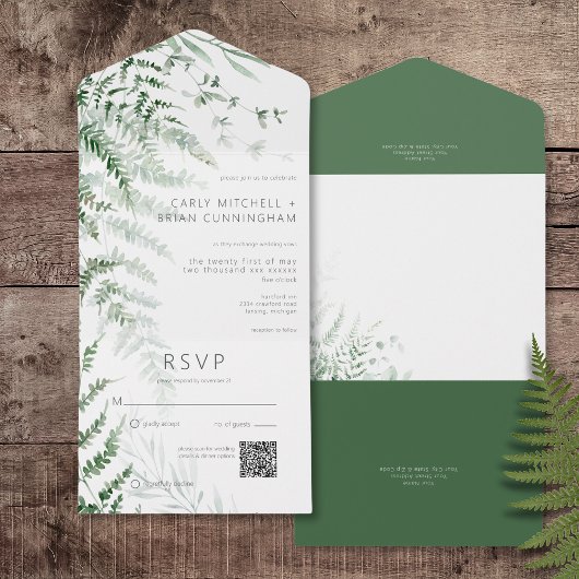 Elegant Delicate Greenery Ferns QR Code All In One Einladung
