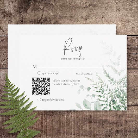 Elegant Delicate Greenery Ferns QR Code RSVP Karte