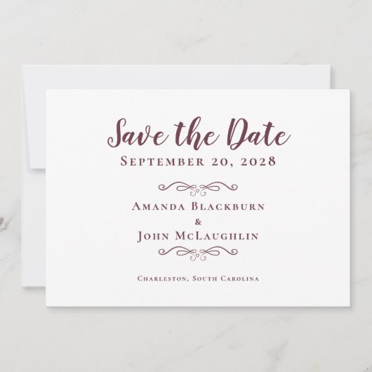 Elegant Delicate Romantische Kalligrafie Burgundy  Save The Date (Vorderseite)