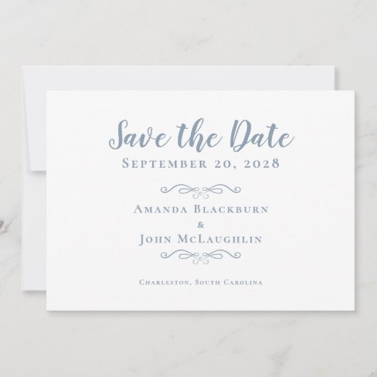 Elegant Delicate Romantische Kalligrafie Dusty Blu Save The Date (Vorderseite)