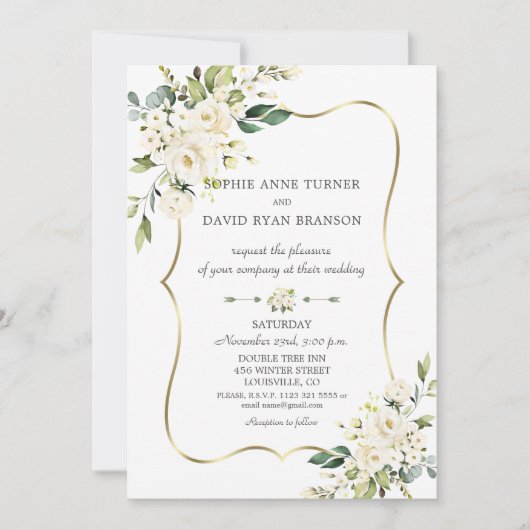 Elegant Delicate White Flowers Gold Frame Wedding Einladung (Vorderseite)