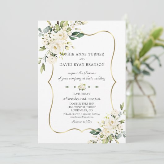 Elegant Delicate White Flowers Gold Frame Wedding Einladung (Stehend Vorderseite)