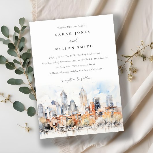 Elegant Denver Colorado Skyline Watercolor Wedding Einladung