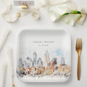 Elegant Denver Colorado Skyline Watercolor Wedding Pappteller