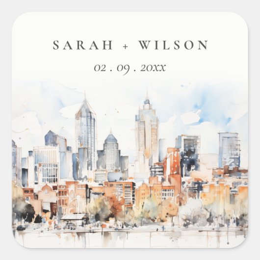 Elegant Denver Colorado Skyline Watercolor Wedding Quadratischer Aufkleber (Vorderseite)