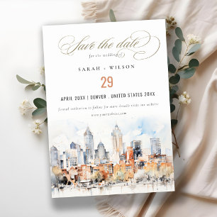 Elegant Denver Colorado Skyline Watercolor Wedding Save The Date