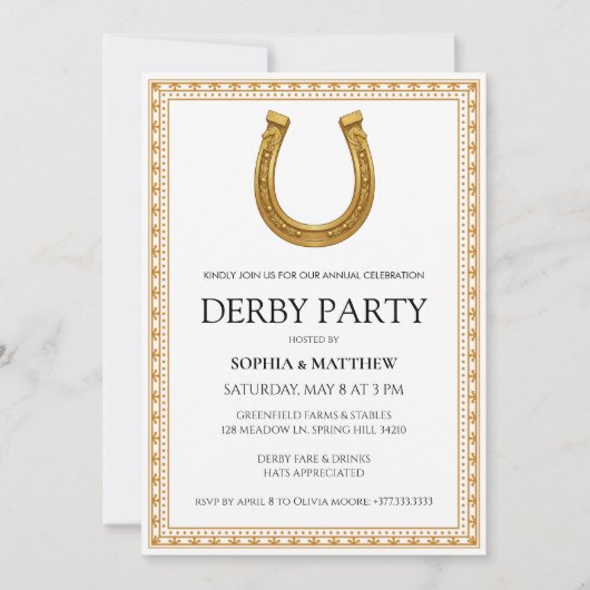 Elegant Derby Party Invitation with Gold Horseshoe Einladung (Vorderseite)