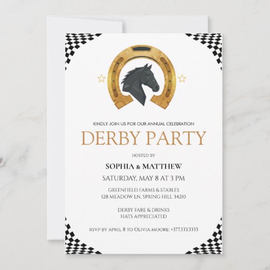 Elegant Derby Party Invitation with Gold Horseshoe Einladung (Vorderseite)