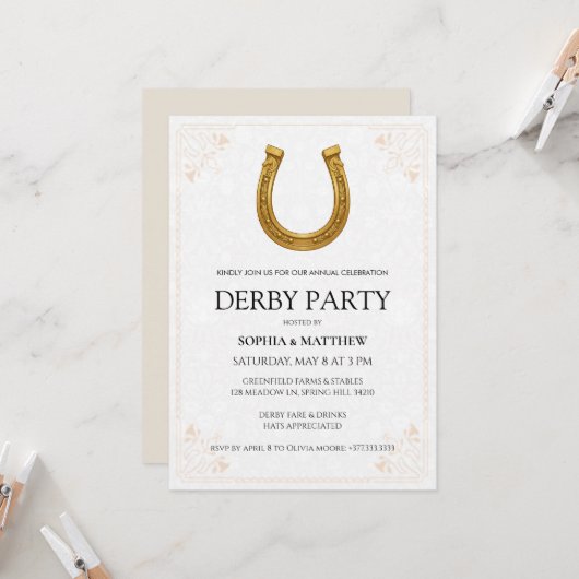 Elegant Derby Party Invitation with Gold Horseshoe Einladung (Vorderseite/Rückseite Beispiel)