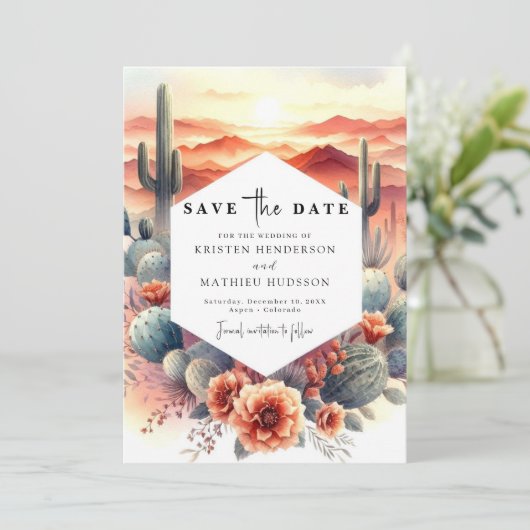 Elegant Desert Cactus Wedding Save The Date (Stehend Vorderseite)