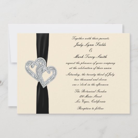 Elegant Diamond Black Ribbon Wedding Einladung (Vorderseite)