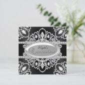 Elegant Diamond Black & Silver Quinceanera Einladu Einladung (Stehend Vorderseite)