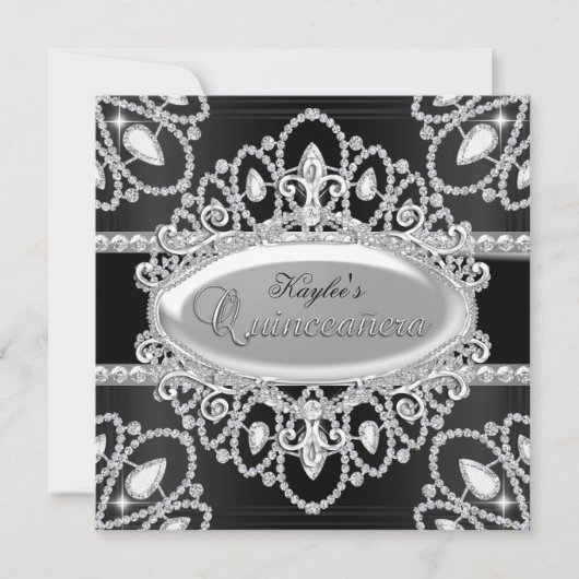 Elegant Diamond Black & Silver Quinceanera Einladu Einladung (Vorderseite)