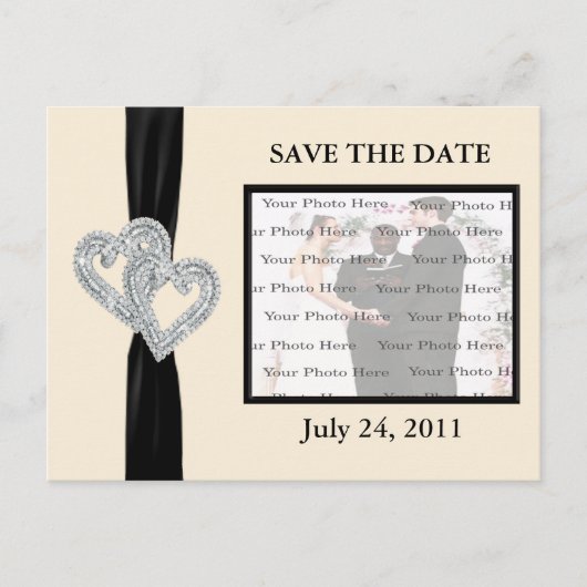 Elegant Diamond BlackRibbon Save the Date Postcard Ankündigungspostkarte (Vorderseite)