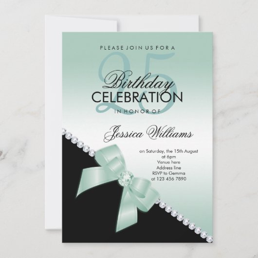 Elegant Diamond Bow, Aqua Marine & Black Birthday Einladung (Vorderseite)