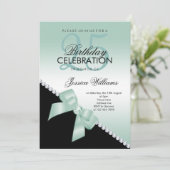Elegant Diamond Bow, Aqua Marine & Black Birthday Einladung (Stehend Vorderseite)