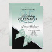 Elegant Diamond Bow, Aqua Marine & Black Birthday Einladung (Vorne/Hinten)