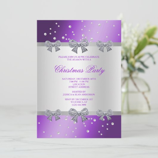 Elegant Diamond Bows & Pearls Weihnachten Einladung (Stehend Vorderseite)