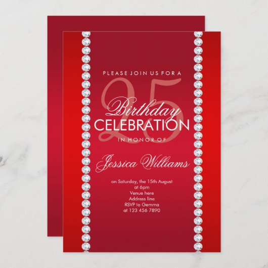 Elegant Diamond Jeweled Ruby Red Birthday Einladung (Vorne/Hinten)