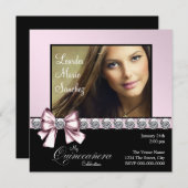 Elegant Diamond Pink Bow Foto Quinceanera Einladung (Vorne/Hinten)