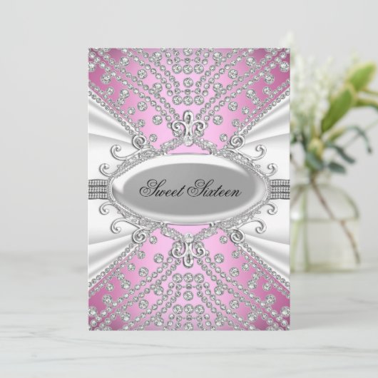 Elegant Diamond Pink Sweet 16 Party Einladung (Stehend Vorderseite)