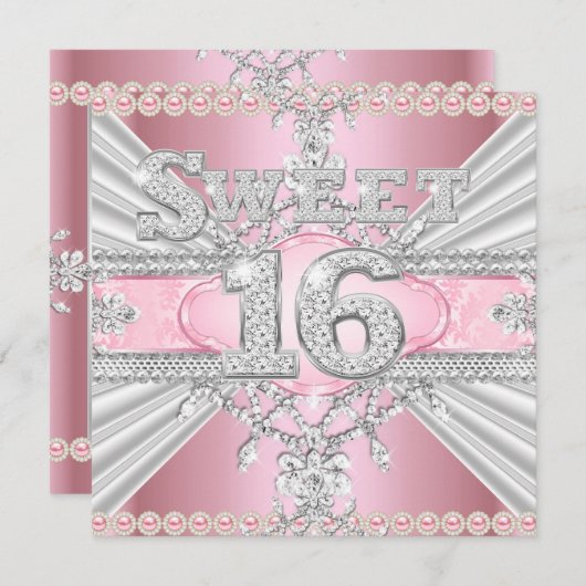 Elegant Diamond Pink Sweet 16 Sechzehn Party 3 Einladung (Vorne/Hinten)