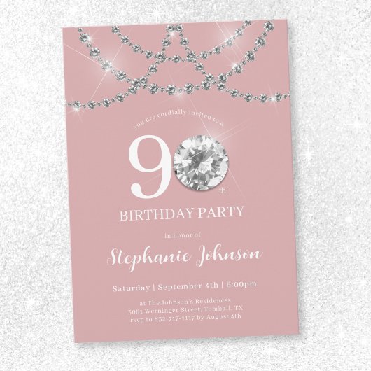 Elegant Diamonds Blush Pink 90. Geburtstag Einladung