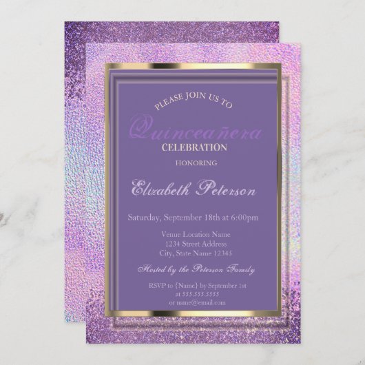 Elegant Diamonds Holographic Quinceañera Einladung (Vorne/Hinten)