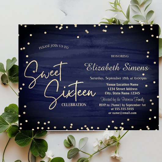 Elegant Diamonds Navy Blue Gold Script Sweet 16 Einladung