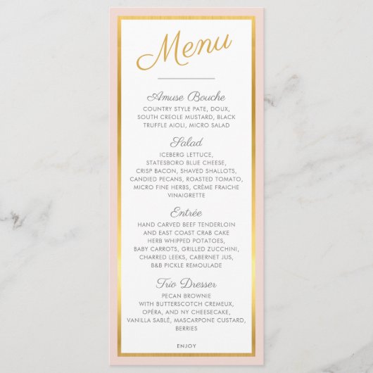 ELEGANT DINNER MENU modern wedding gold pale pink Menükarte (Vorderseite)