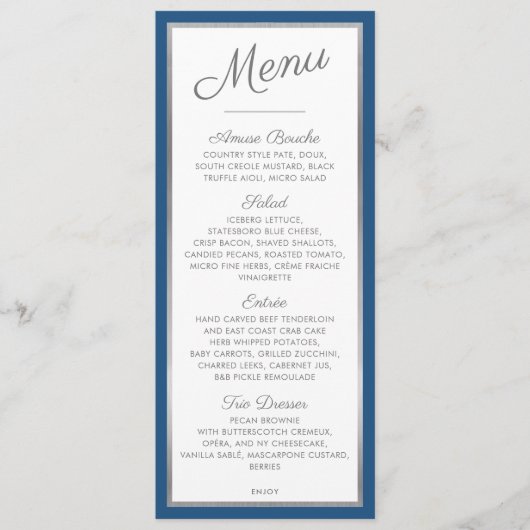 ELEGANT DINNER MENU Moderner Empfang Blau grau Menükarte (Vorderseite)