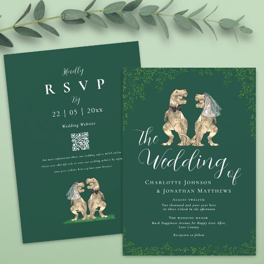 Elegant Dinosaur Green Wedding QR Code Einladung