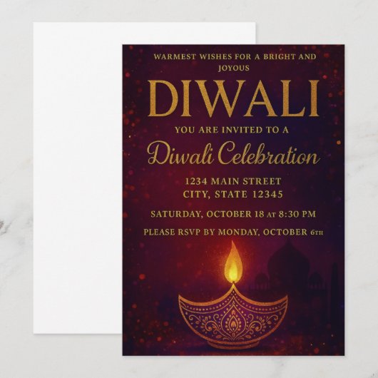 Elegant Diya & Gold Script Diwali Celebration Einladung (Vorne/Hinten)