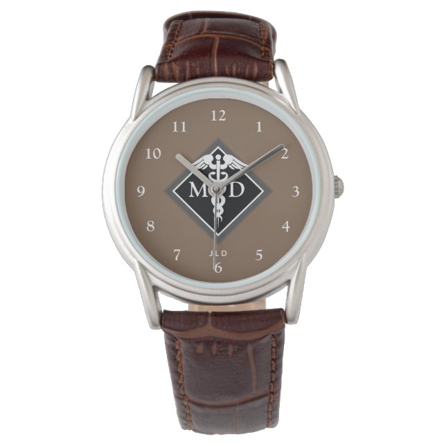 Elegant Doctor MD Caduceus Brown Black Monogram Armbanduhr (Vorderseite)