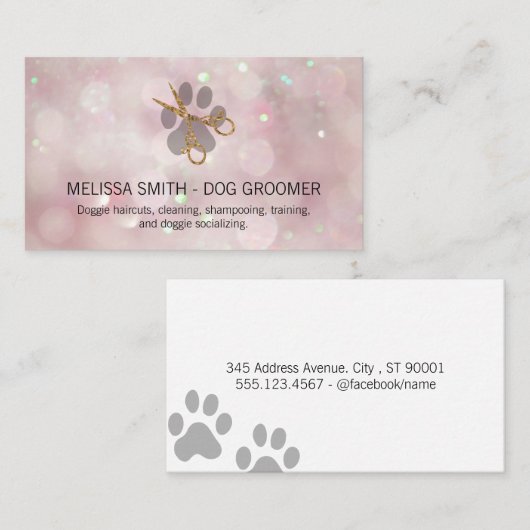 Elegant Dog Groomer | Pink Bokeh Visitenkarte (Vorne/Hinten)