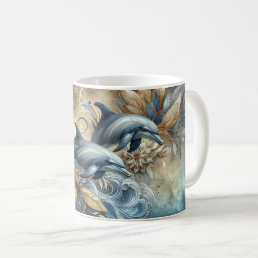 Elegant Dolphins with Golden Floral Waves Kaffeetasse (VorderseiteRechts)