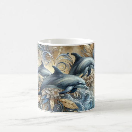 Elegant Dolphins with Golden Floral Waves Kaffeetasse (Mittel)