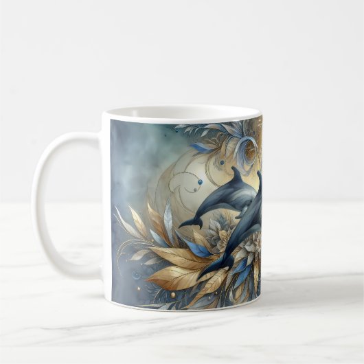 Elegant Dolphins with Golden Floral Waves Kaffeetasse (Links)