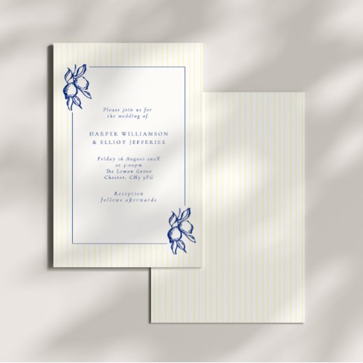 Elegant Doodle Blue Lemons & Stripes Wedding Einladung