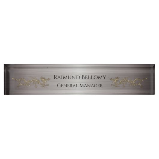 Elegant Dragon Silver Metallic Desk Namplate Namensplakette (Vorderseite)