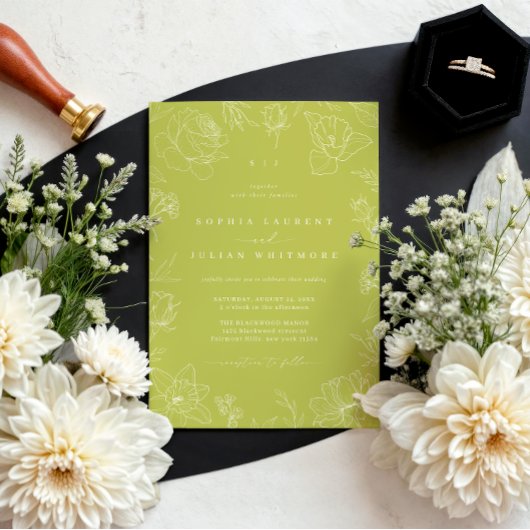 Elegant Drawn Floral Citrus Green Garden Wedding Einladung