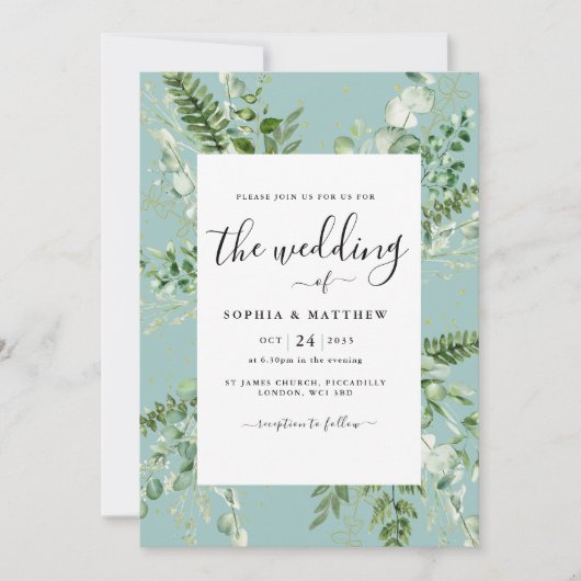 Elegant Duck Egg Eucalyptus Wedding Einladung (Vorderseite)