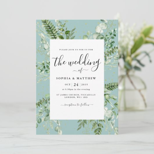 Elegant Duck Egg Eucalyptus Wedding Einladung (Stehend Vorderseite)