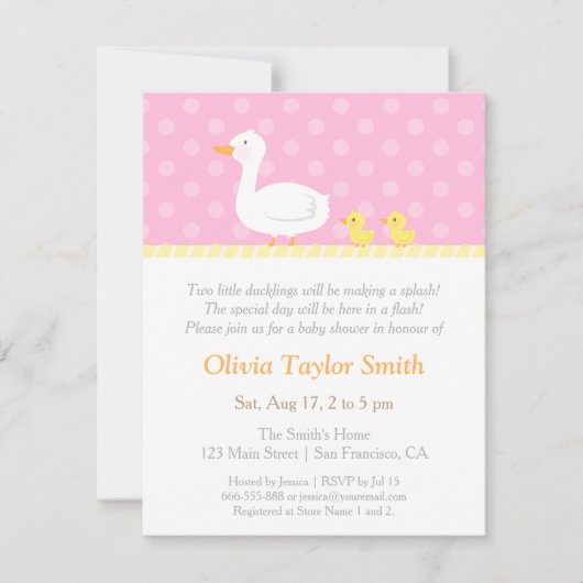 Elegant Duck Twin Girls Baby Shower Einladungen (Vorderseite)